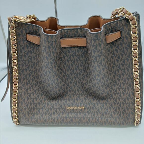 Michael Kors Large Mina Signature Logo Chain Shoulder Bag Handbag Teacher Brown - Picture 5 of 11